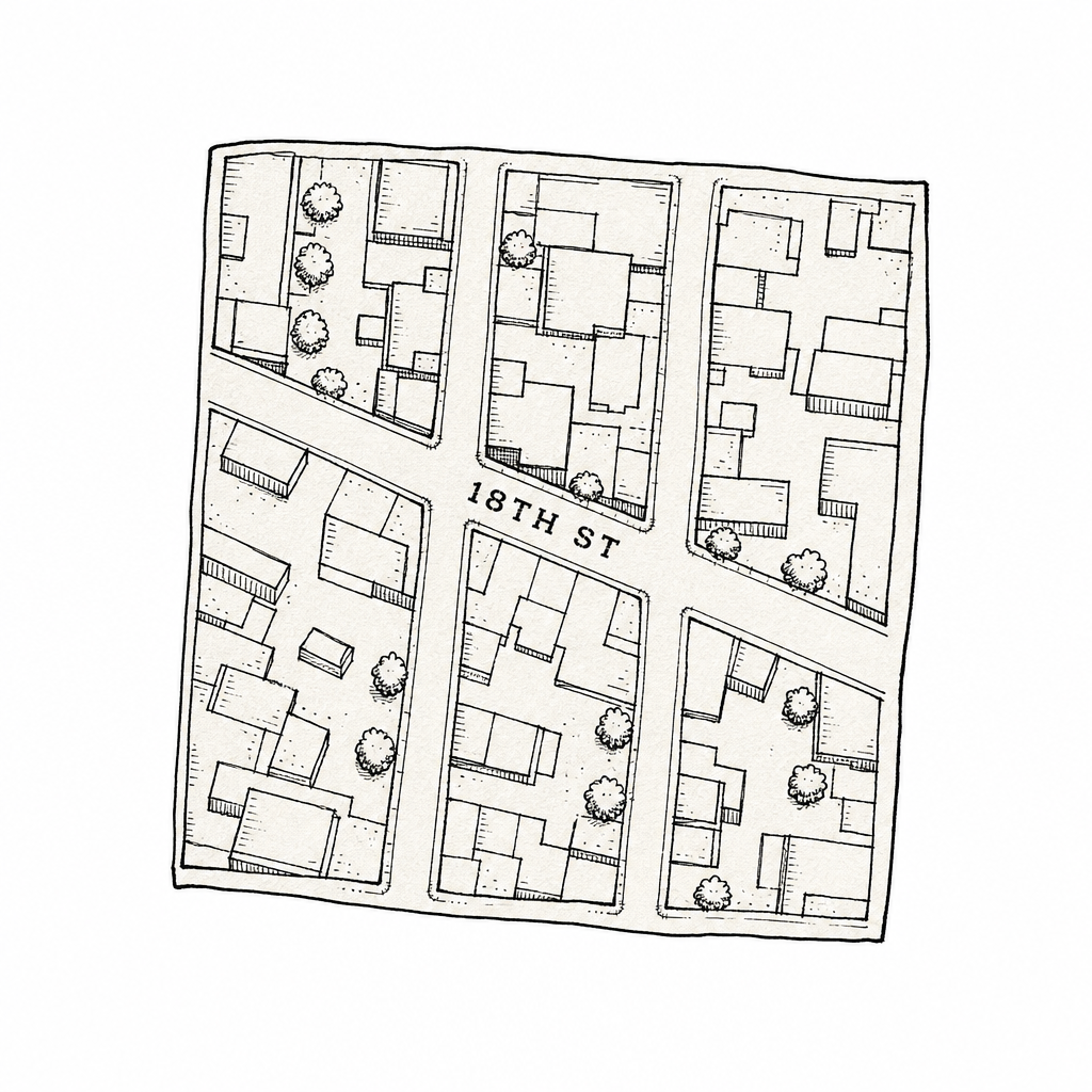 Hand-drawn map of the Houston Heights